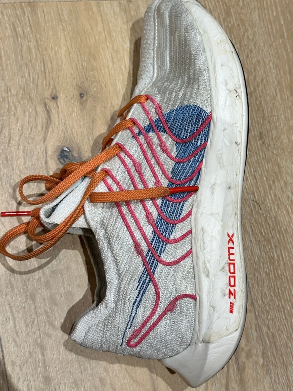 Women’s Nike White Knit Running Shoes - Blue Swoosh, Pink Stripes & Orange Laces - Picture 9 of 16